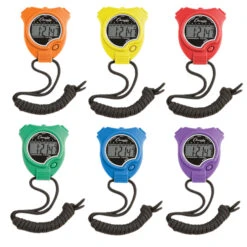 Champion Water Resistant Sports Stopwatch Set, 1/100th Seconds, Plastic, Multiple Color, Set Of 6